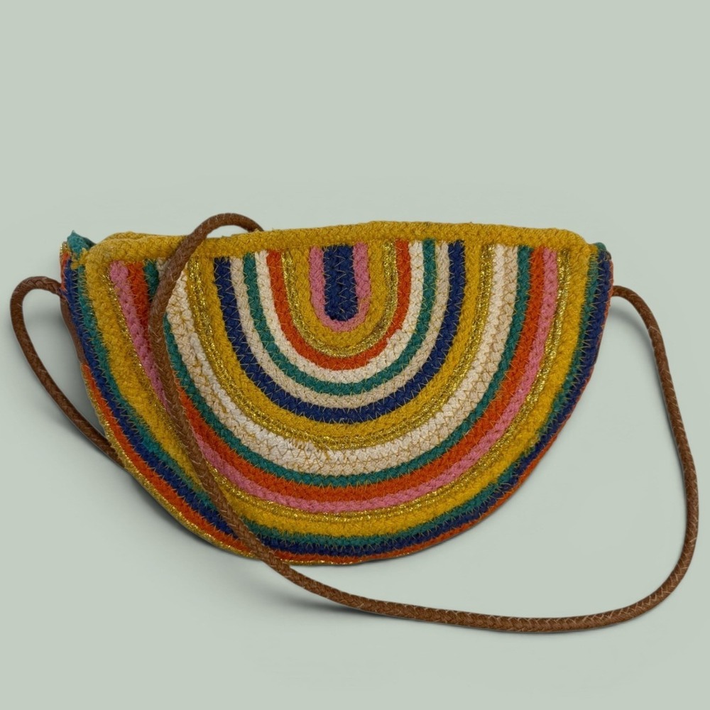 American Eagle Rainbow Woven Crossbody Bag Boho Resortwear Purse Metallic Gold